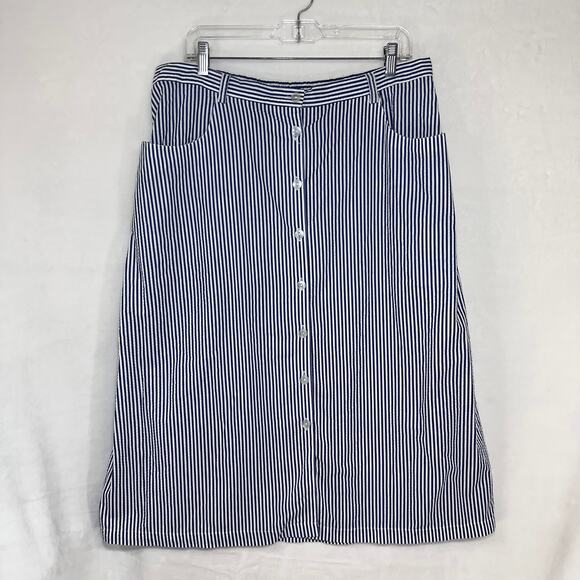 CW Classics Plus 20W Pinstripe Coastal Midi Skirt Blue White Button Summer Twill - Picture 1 of 9